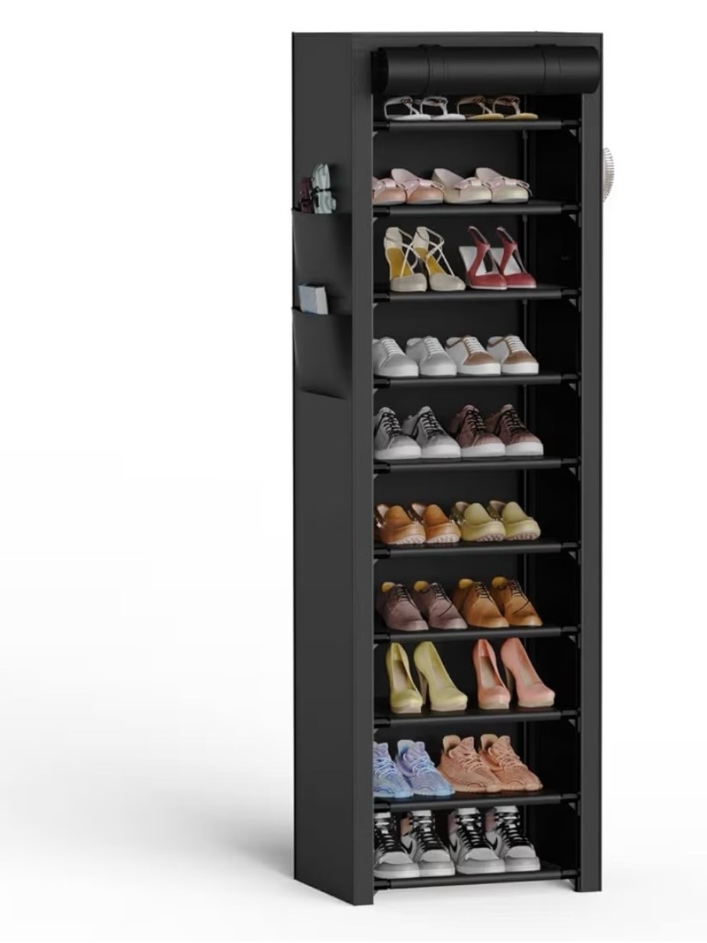 Vertical Narrow Black 10-Tier Shoe Rack Organizer With Dust Cover